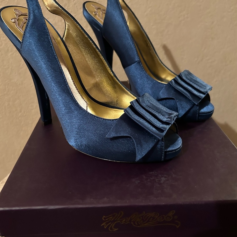 HALE BOB Blue Satin Heels  New in Box Size 7